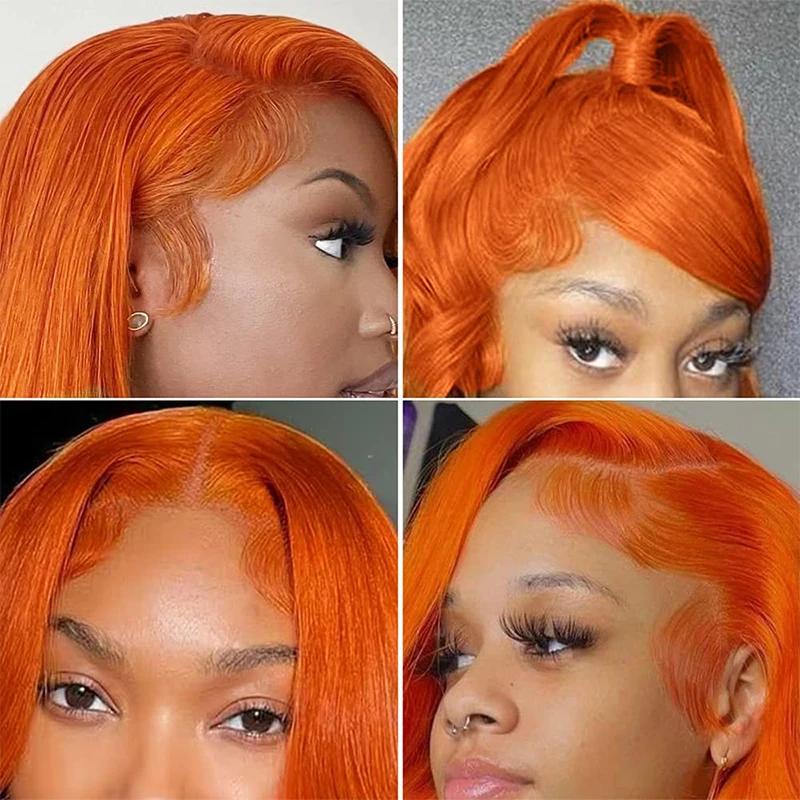 34 pouces Orange gingembre dentelle avant perruques cheveux humains pour les femmes droite 13x4 13x6