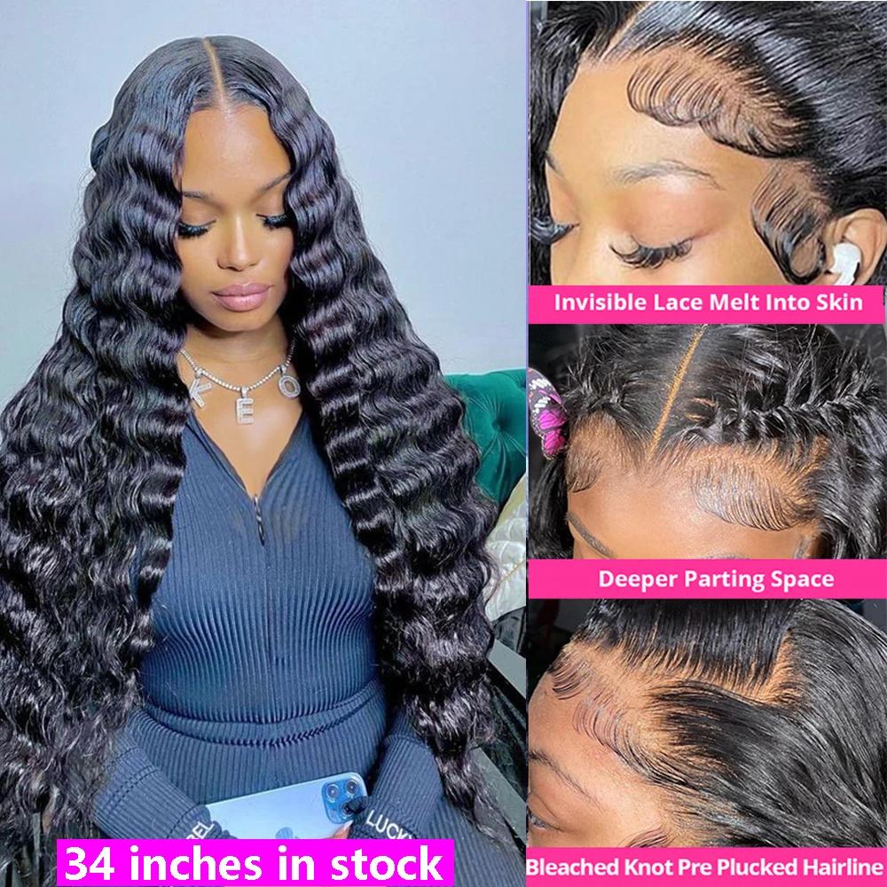 Perruque Lace Front Wig Deep Wave brésilienne naturelle, cheveux humains, 13x6, 13x4, pre-plucked, p