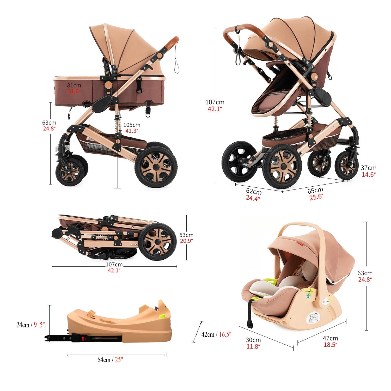 Poussette combinée avec siège auto pour nouveau-né avec base Isofix, poussette 3 en 1 réversible pou
