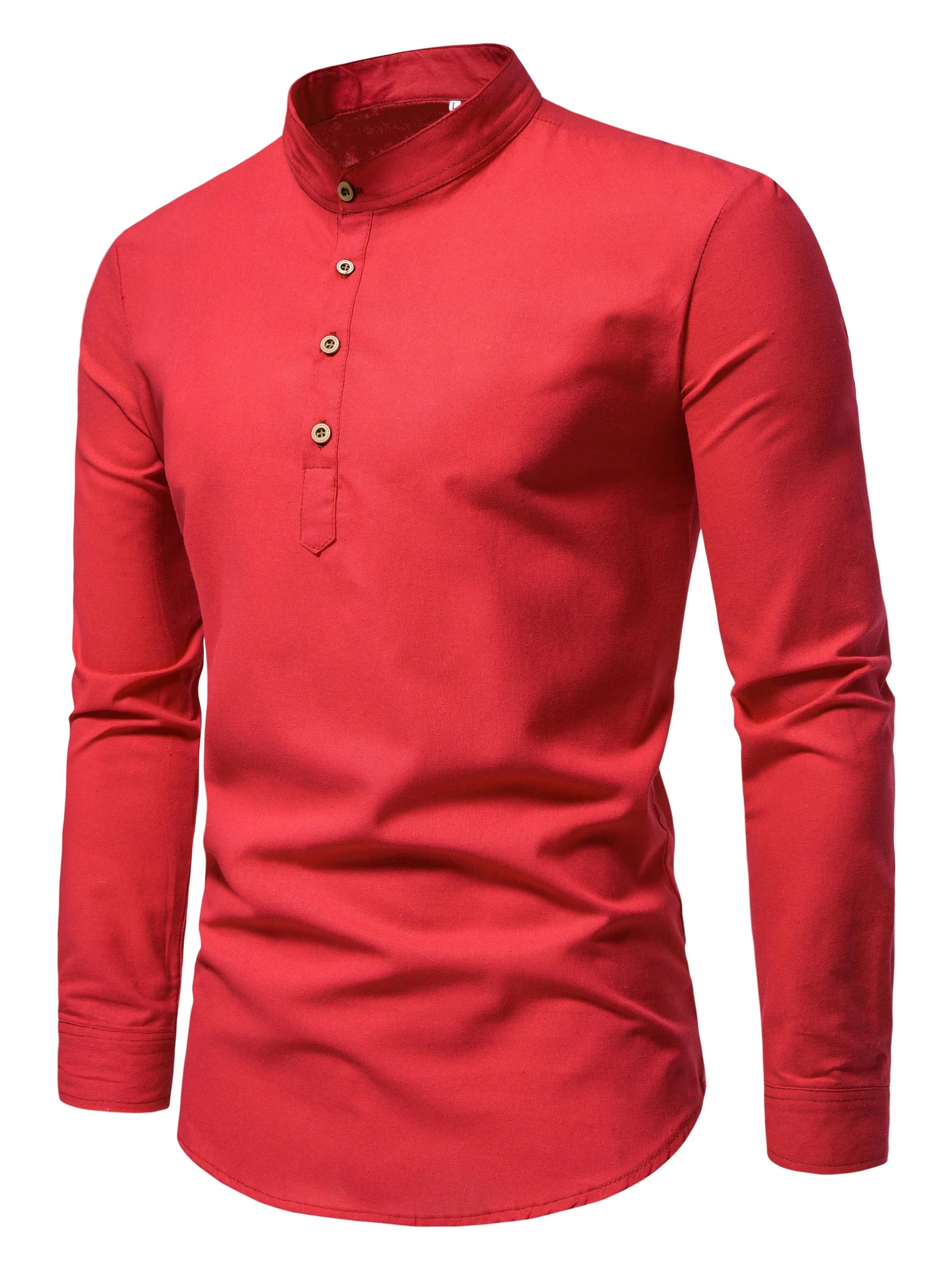 Chemises de couleur unie en pur coton pour hommes, chemises élégantes à manches longues et col monta