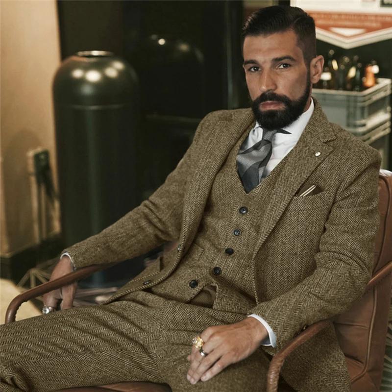 Costume d'hiver en Tweed de laine grise pour hommes, coupe cintrée, smoking formel pour marié, 3 piè