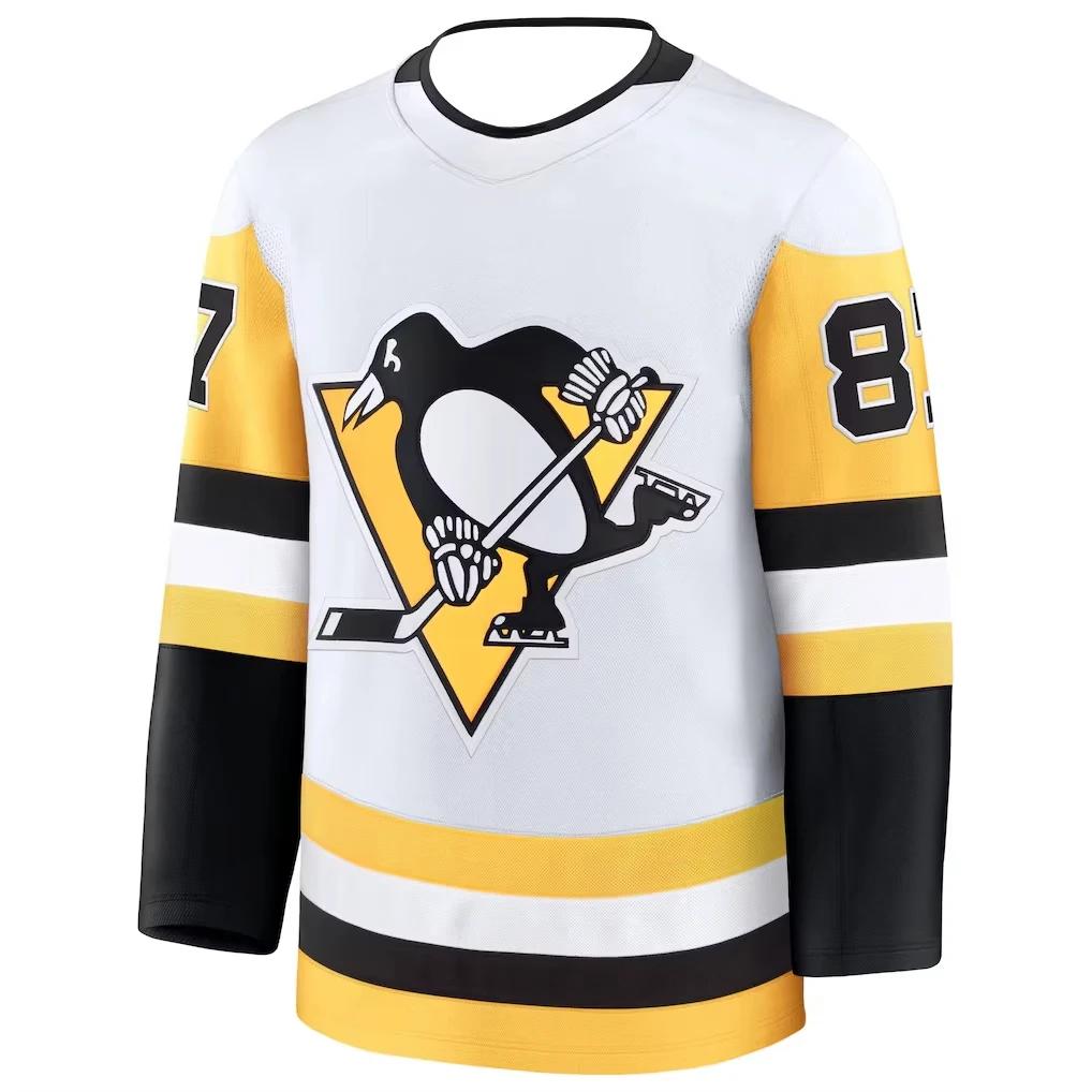 Maillot de hockey 2026 jaune/blanc/noir avec accents et logo pingouin, respirant, imprimés 3D HD pou