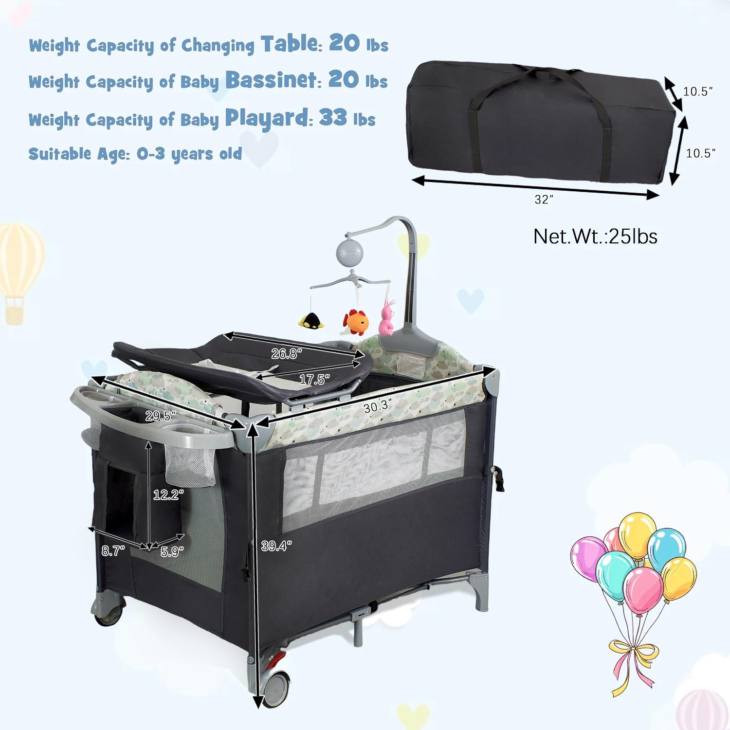 Pack n Play, parc pour bébé avec table à langer, roues verrouillables, boîte à musique, parc pliable