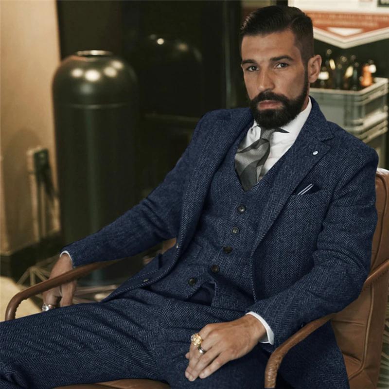 Costume d'hiver en Tweed de laine grise pour hommes, coupe cintrée, smoking formel pour marié, 3 piè