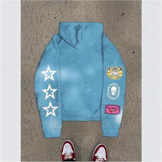 Sweat-shirt à capuche entièrement imprimé avec lettres étoilées, cardigan ample et décontracté pour 