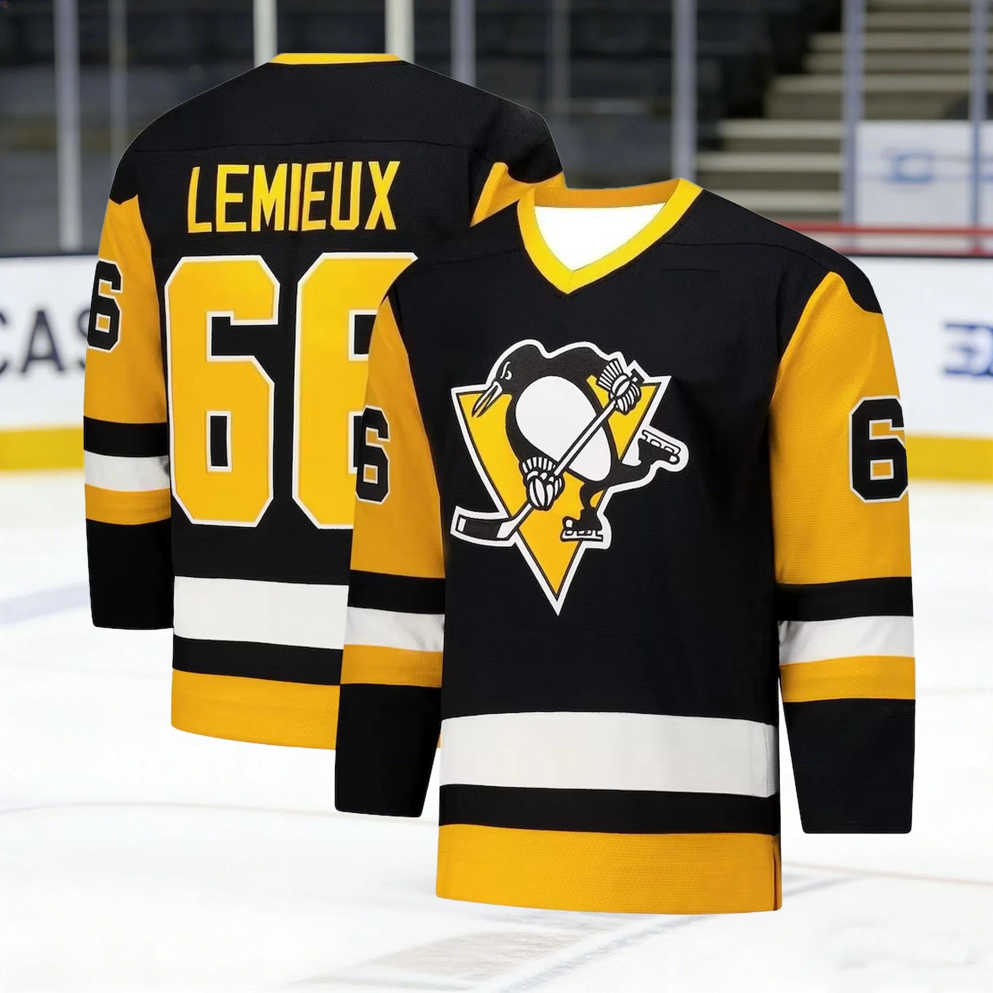 Maillot de hockey 2026 jaune/blanc/noir avec accents et logo pingouin, respirant, imprimés 3D HD pou
