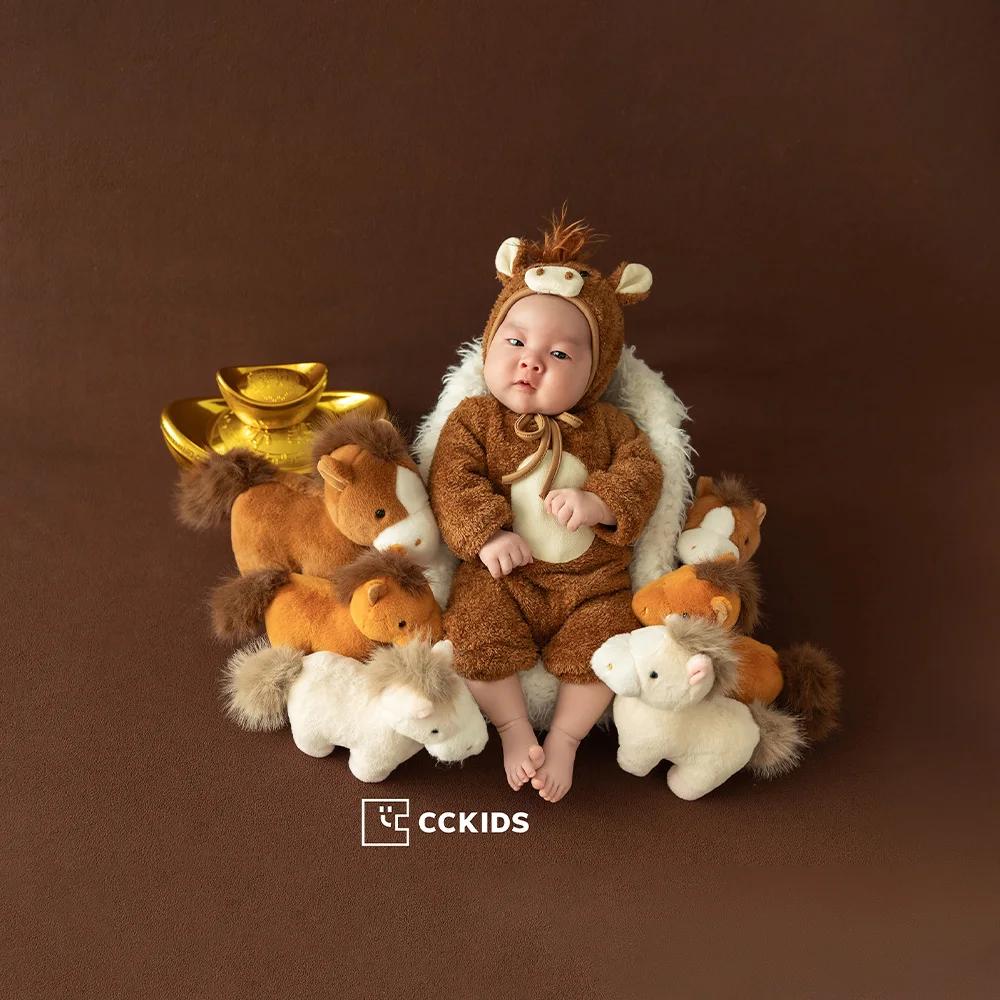 Accessoires de photographie nouveau-né sur le thème du cheval brun : Combinaison bébé + chapeau, pou
