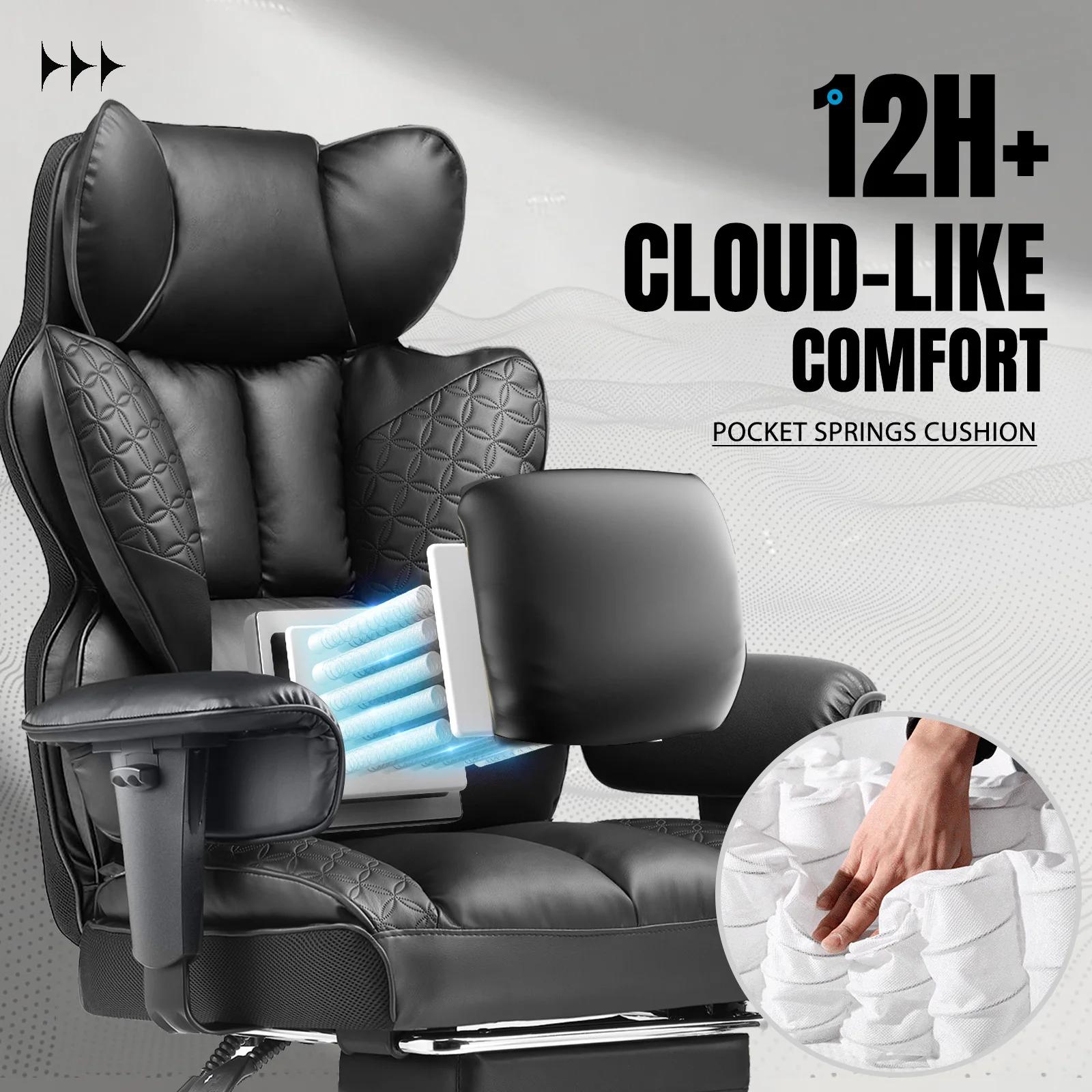 Chaise de bureau ergonomique en cuir, chaise de jeu à dossier haut avec repose-pieds, accoudoirs rég