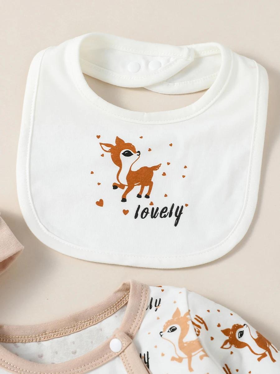 4 pièces bébé unisexe à manches longues col rond imprimé Animal avec bouton combinaison décontractée