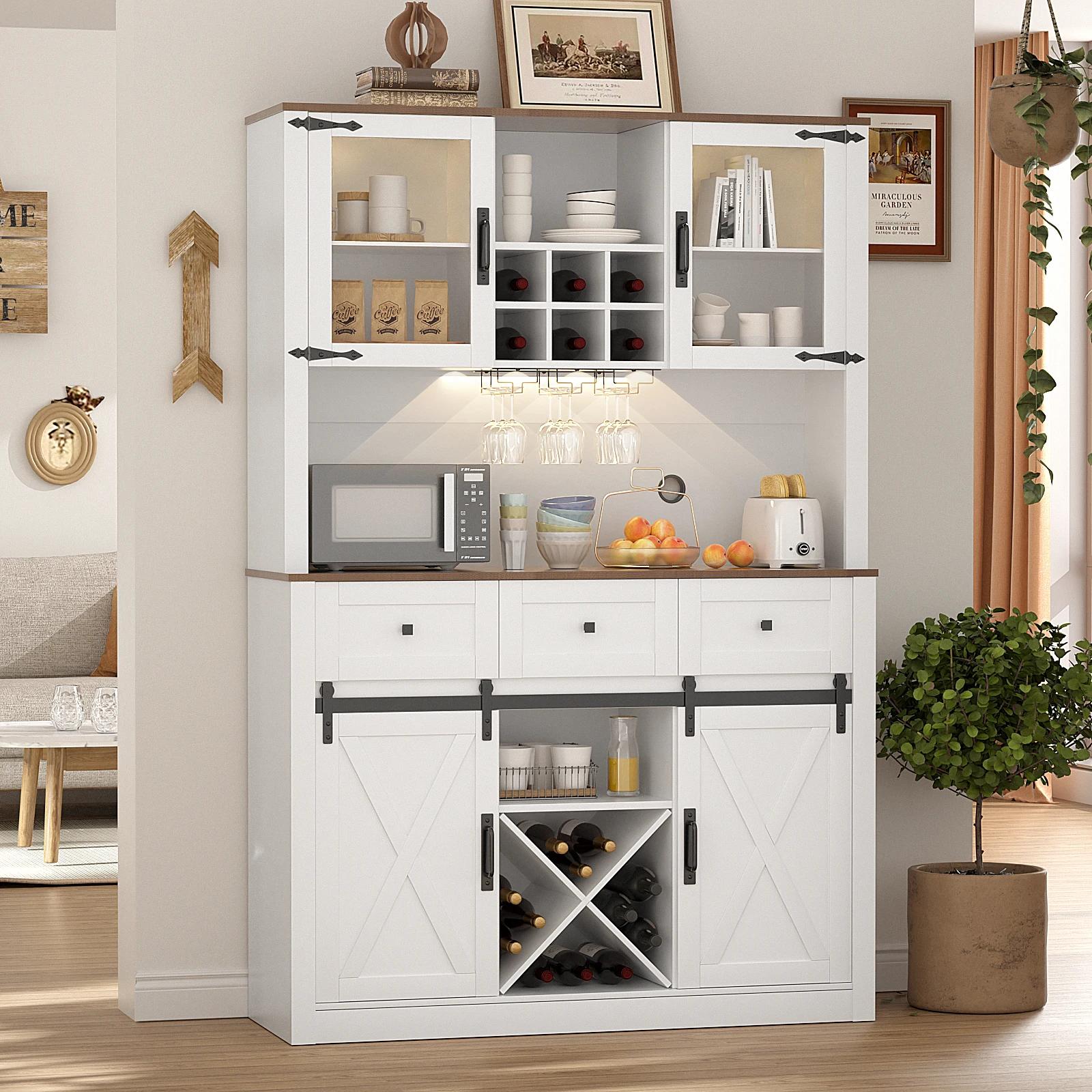 VOWNER-Armoire de bar de ferme avec porte de grange market, buffet de planche avec vin et verres T1,