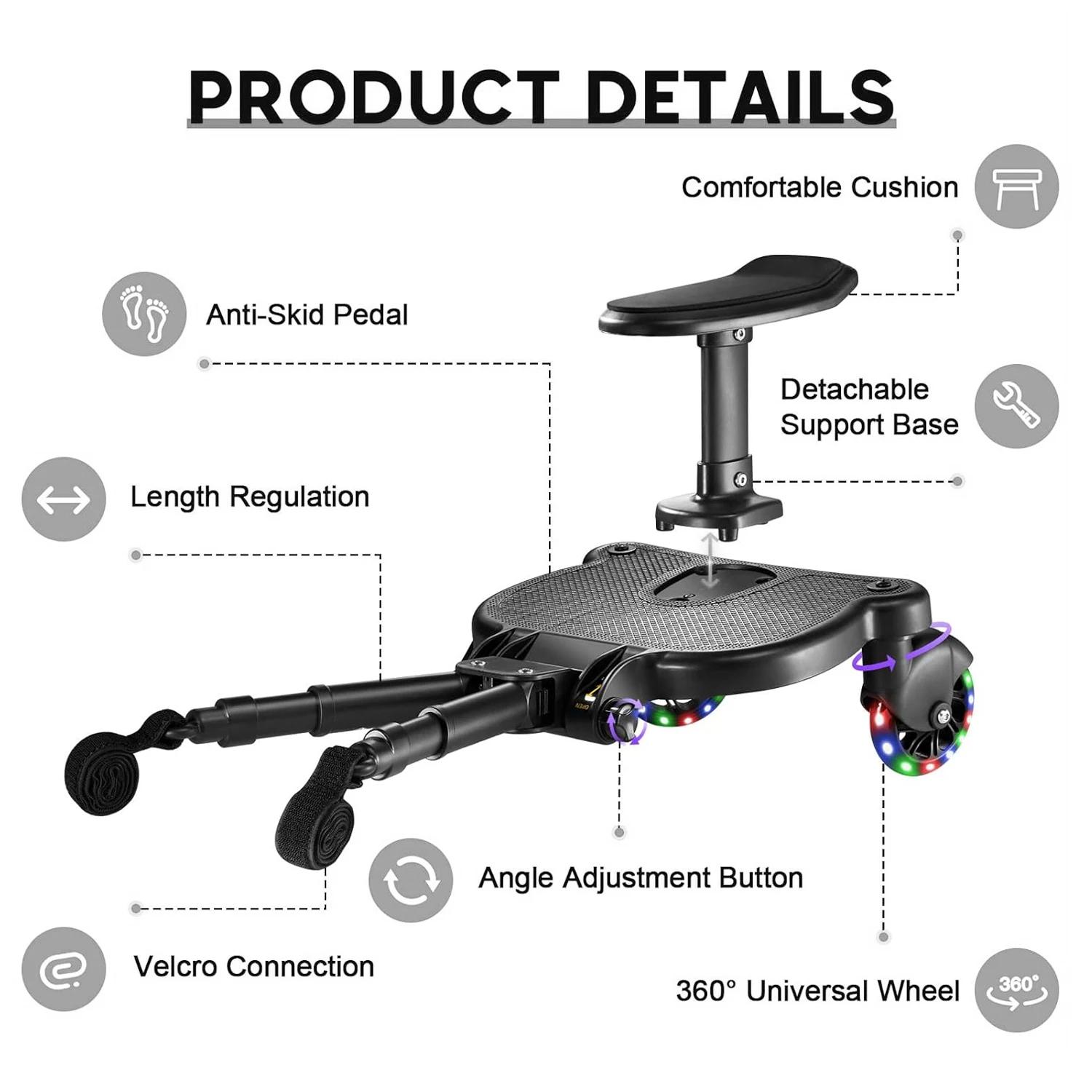 Universal Stroller Board Standing with Detachable Seat Pedal & 360 ° Wheel Kids Ride Board Load 25kg