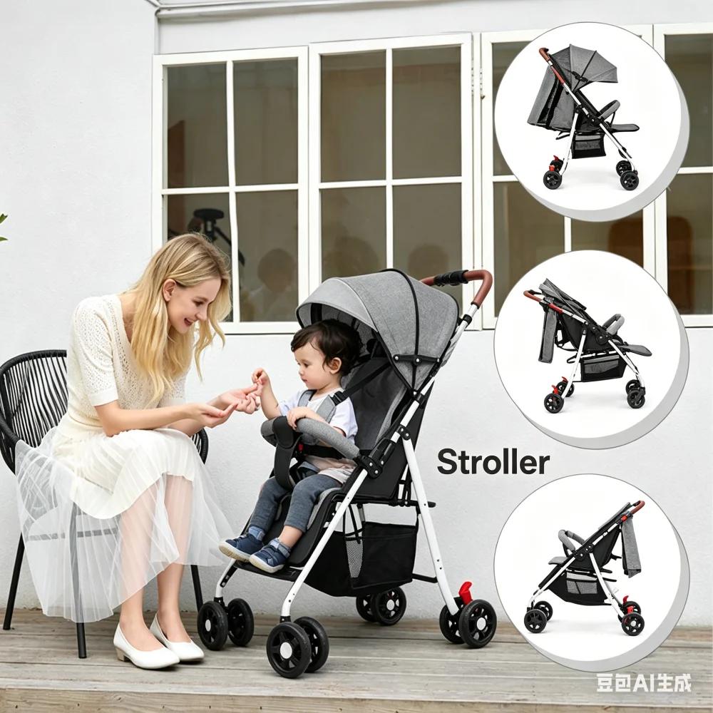 Poussette bébé pliable à une touche, 4 roues, légère, pour voyage, avec siège inclinable à plat, pli