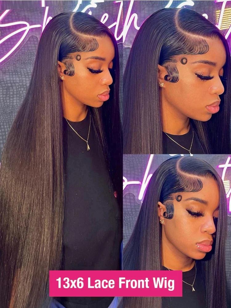 Perruque Lace Front Wig sans colle naturelle, cheveux lisses HD, 13x6, 13x4, pre-plucked, 30 38 pouc