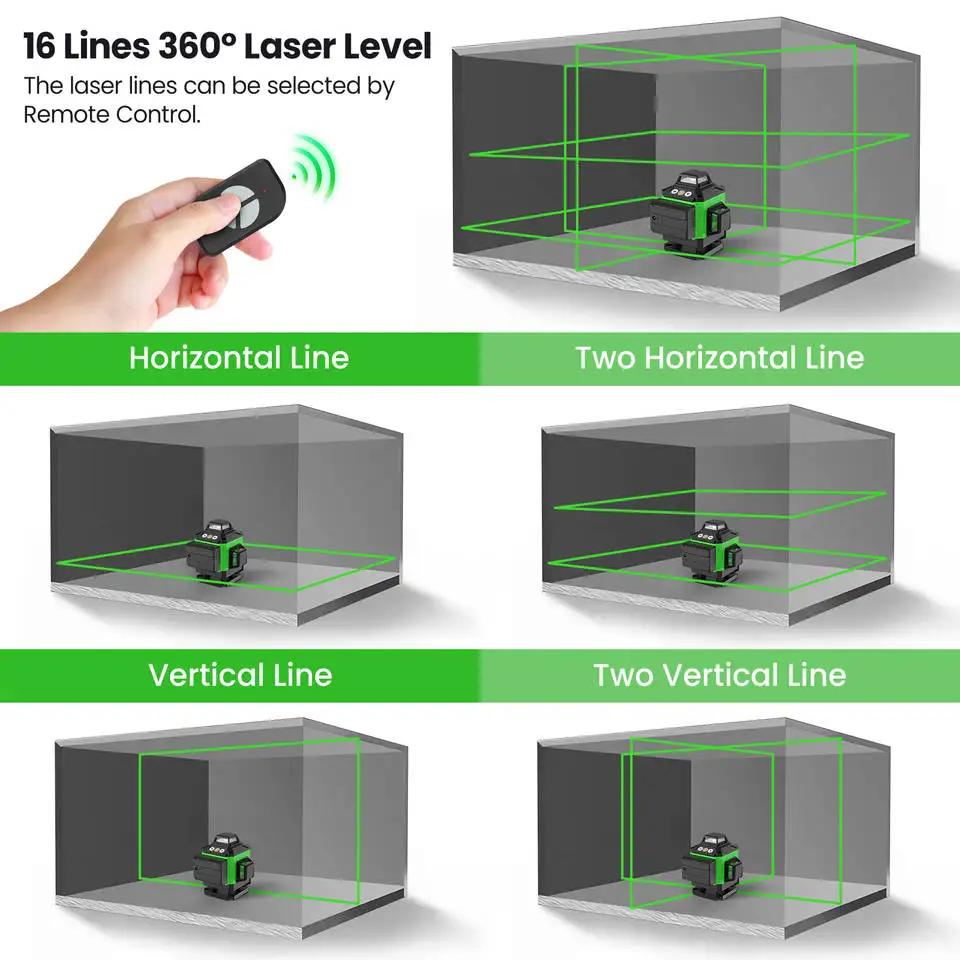 4D 16-Line Laser Level with Auto-Leveling, USB-Rechargeable Lithium Battery, High-Power Laser for Fl