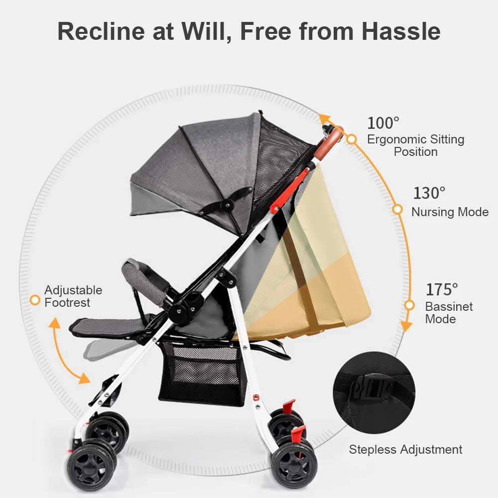 Poussette bébé robuste avec cadre en acier, siège inclinable à plat, panier de rangement extra large