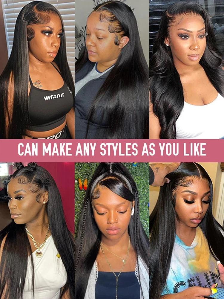 Perruque Lace Front Wig sans colle naturelle, cheveux lisses HD, 13x6, 13x4, pre-plucked, 30 38 pouc
