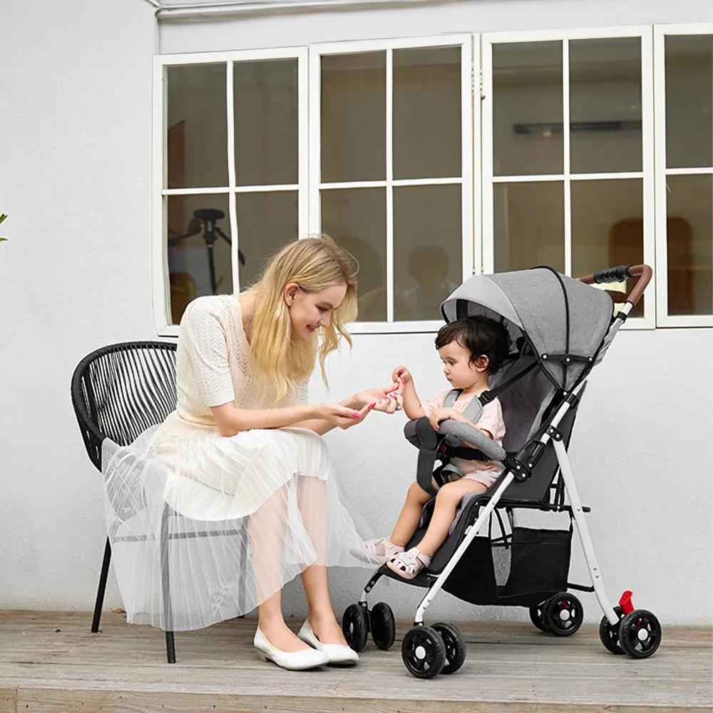 Poussette bébé robuste avec cadre en acier, siège inclinable à plat, panier de rangement extra large