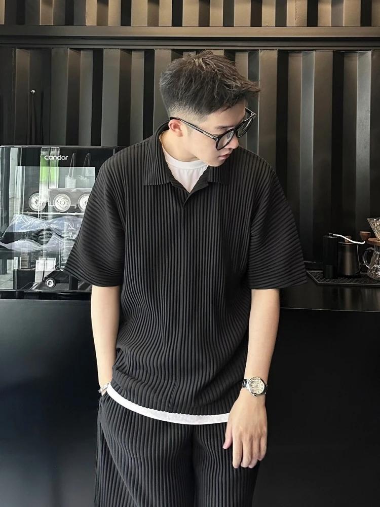 Polo plissé japonais Miyake pour homme, décontracté, ample, col à revers, manches courtes, haut quot
