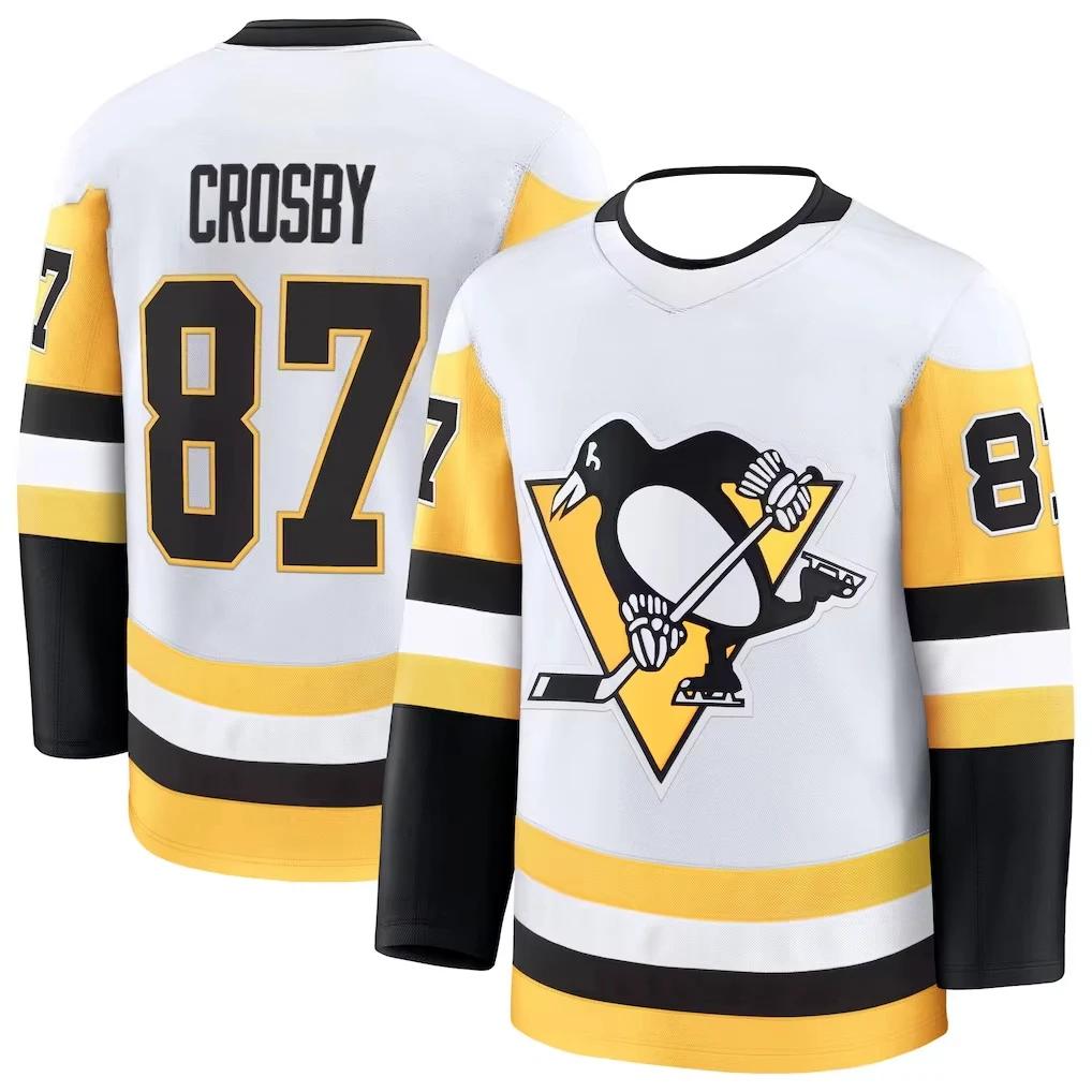 Maillot de hockey 2026 jaune/blanc/noir avec accents et logo pingouin, respirant, imprimés 3D HD pou