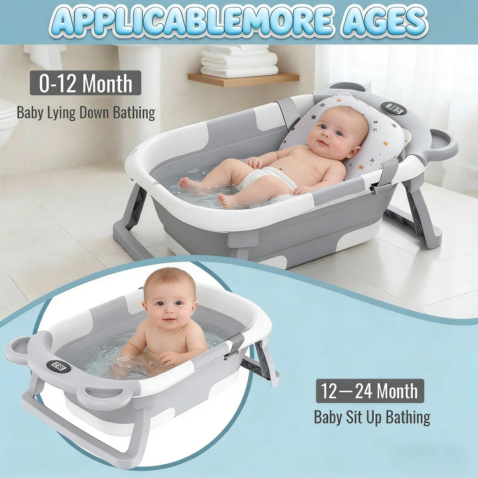 Baignoire pliable pour bébé, antidérapante, avec thermomètre pour surveiller la température de l'eau