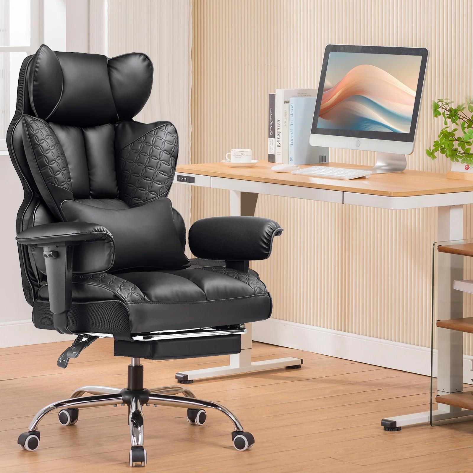Chaise de bureau ergonomique en cuir, chaise de jeu à dossier haut avec repose-pieds, accoudoirs rég