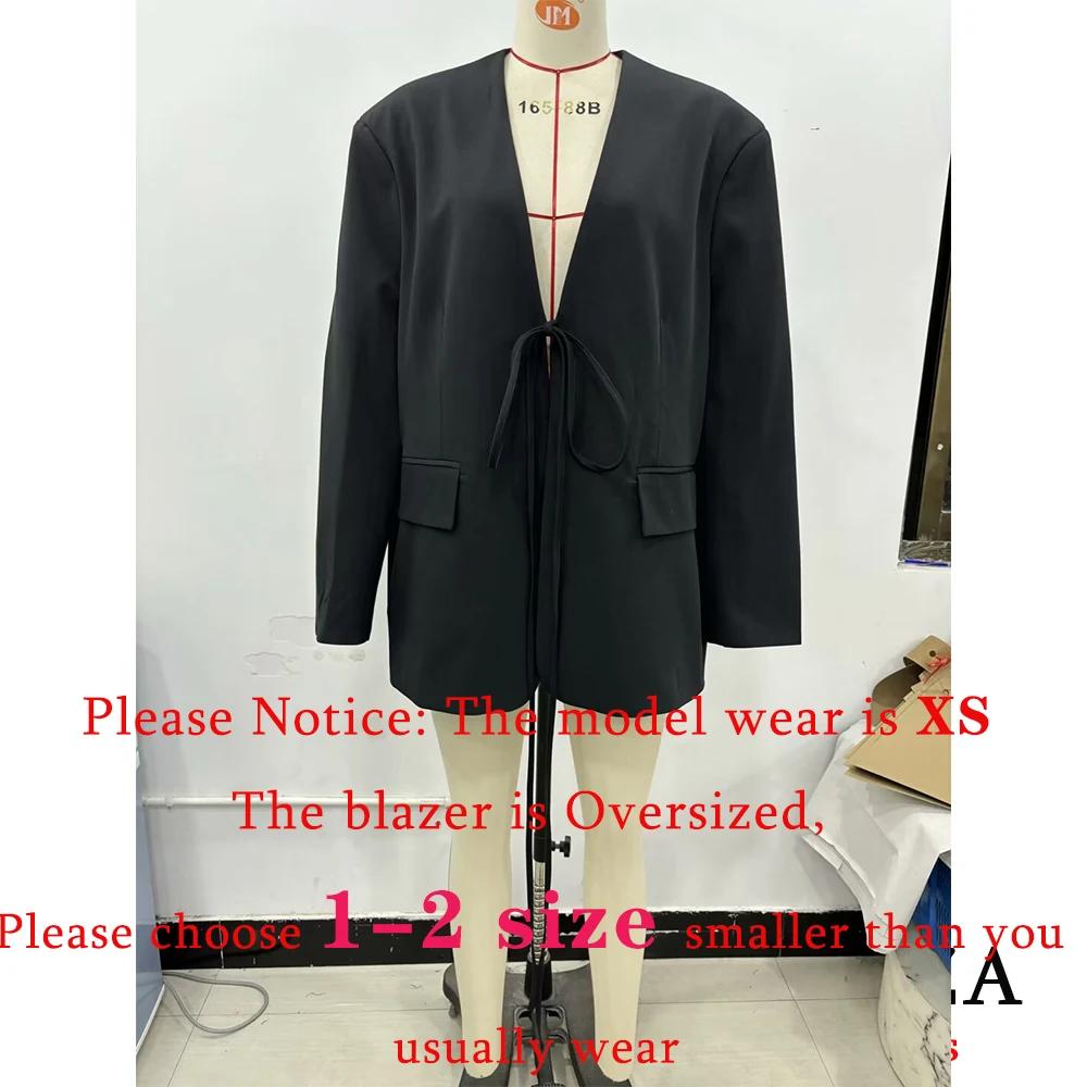 KONDALA décontracté surdimensionné noir Blazer femmes col en V nœud papillon poches vestes amples mo
