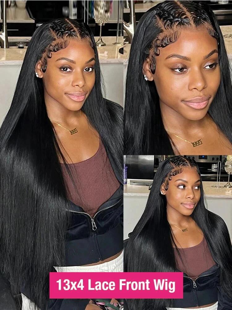 Perruque Lace Front Wig sans colle naturelle, cheveux lisses HD, 13x6, 13x4, pre-plucked, 30 38 pouc