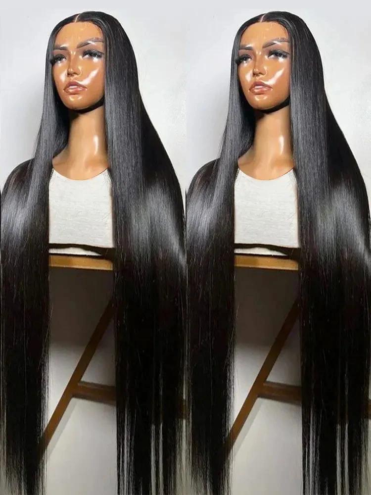 Perruque Lace Front Wig sans colle naturelle, cheveux lisses HD, 13x6, 13x4, pre-plucked, 30 38 pouc