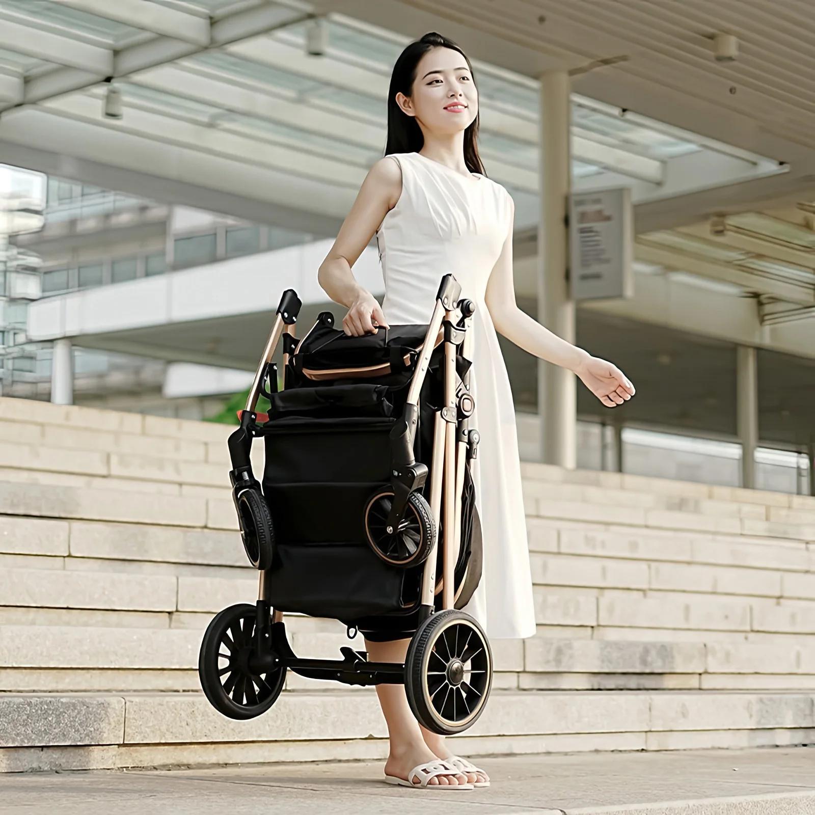 Poussette bébé, avec pliage automatique, position inclinable et allongée, compacte et légère, auvent