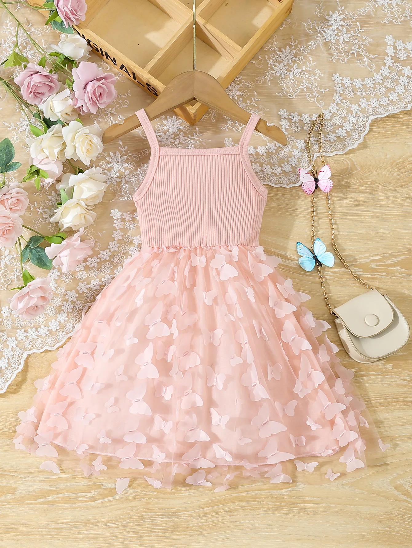 Vêtements d'été pour petites filles, robe camisole en maille avec décor papillon, robe de princesse