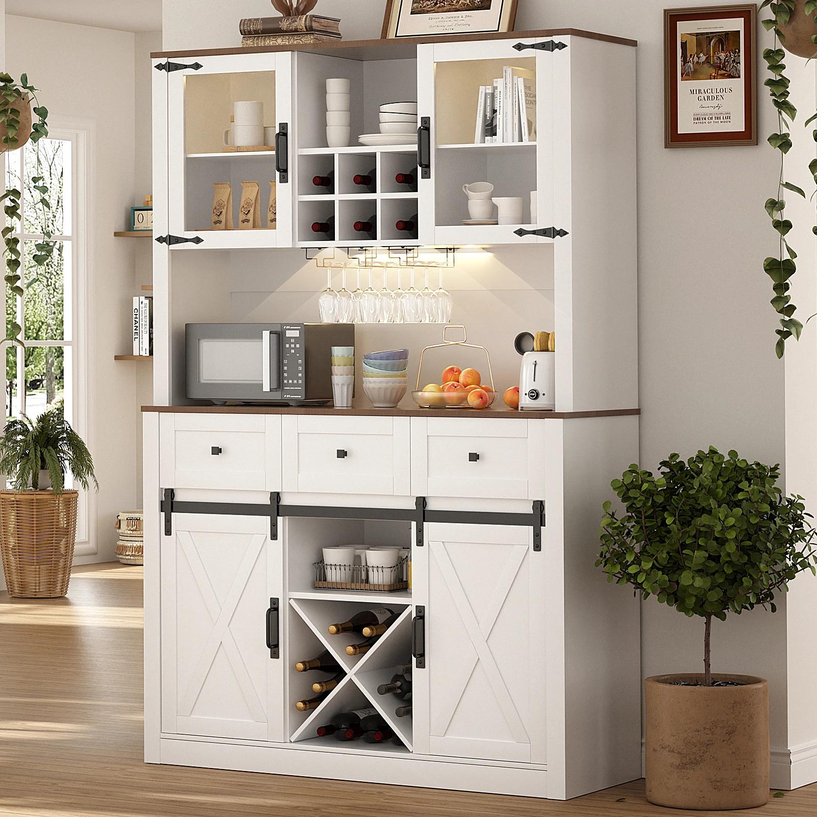 VOWNER-Armoire de bar de ferme avec porte de grange market, buffet de planche avec vin et verres T1,