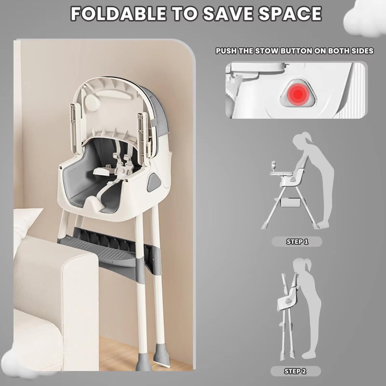 Chaise haute pliable pour bébé (6+ mois) : grand coussin antidérapant, porte-jouets et conception d'