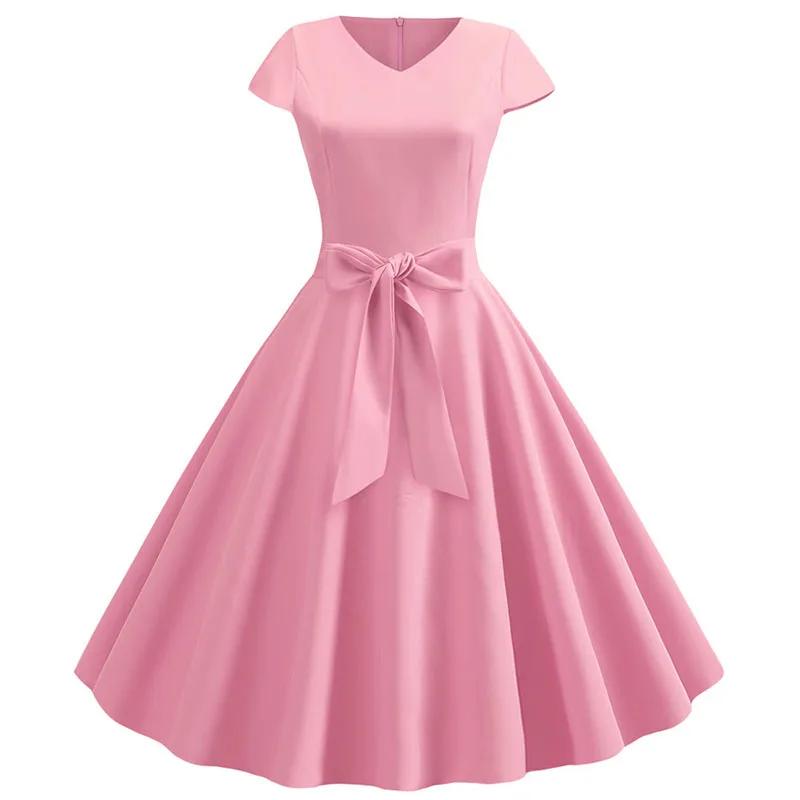 Robe d'été Vintage pour femmes, avec ceinture, manches courtes, col en V, élégante, rétro, robes de 