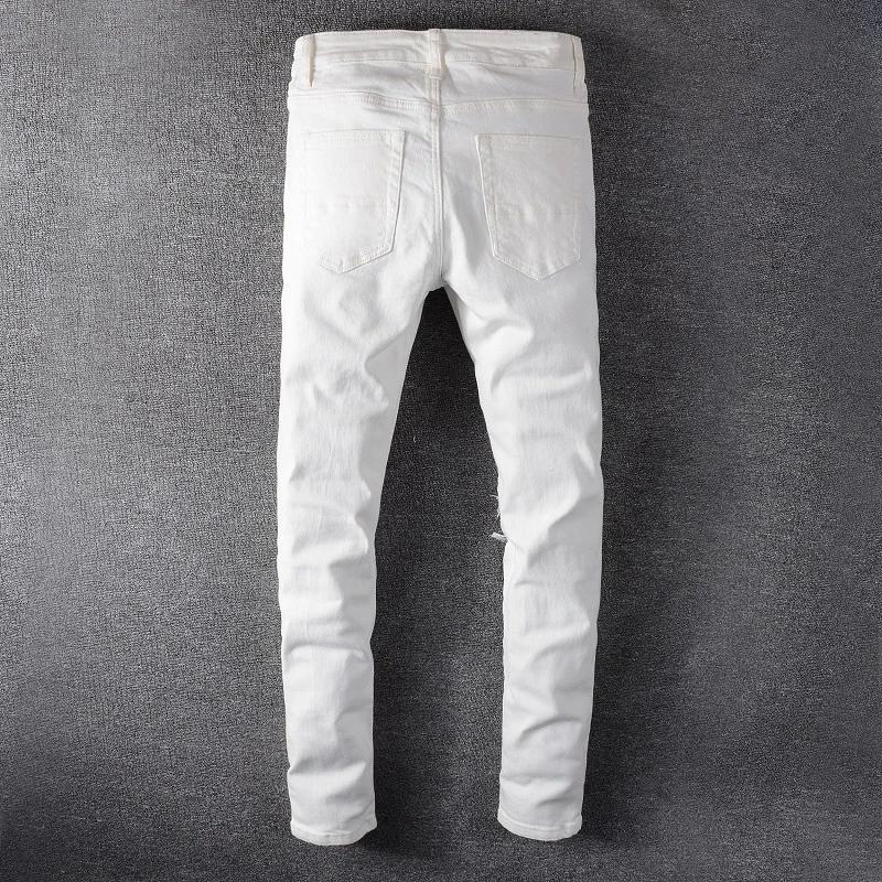 Sokotoo hommes trous de cristal blanc déchiré jean mode mince maigre strass Stretch Denim pantalon