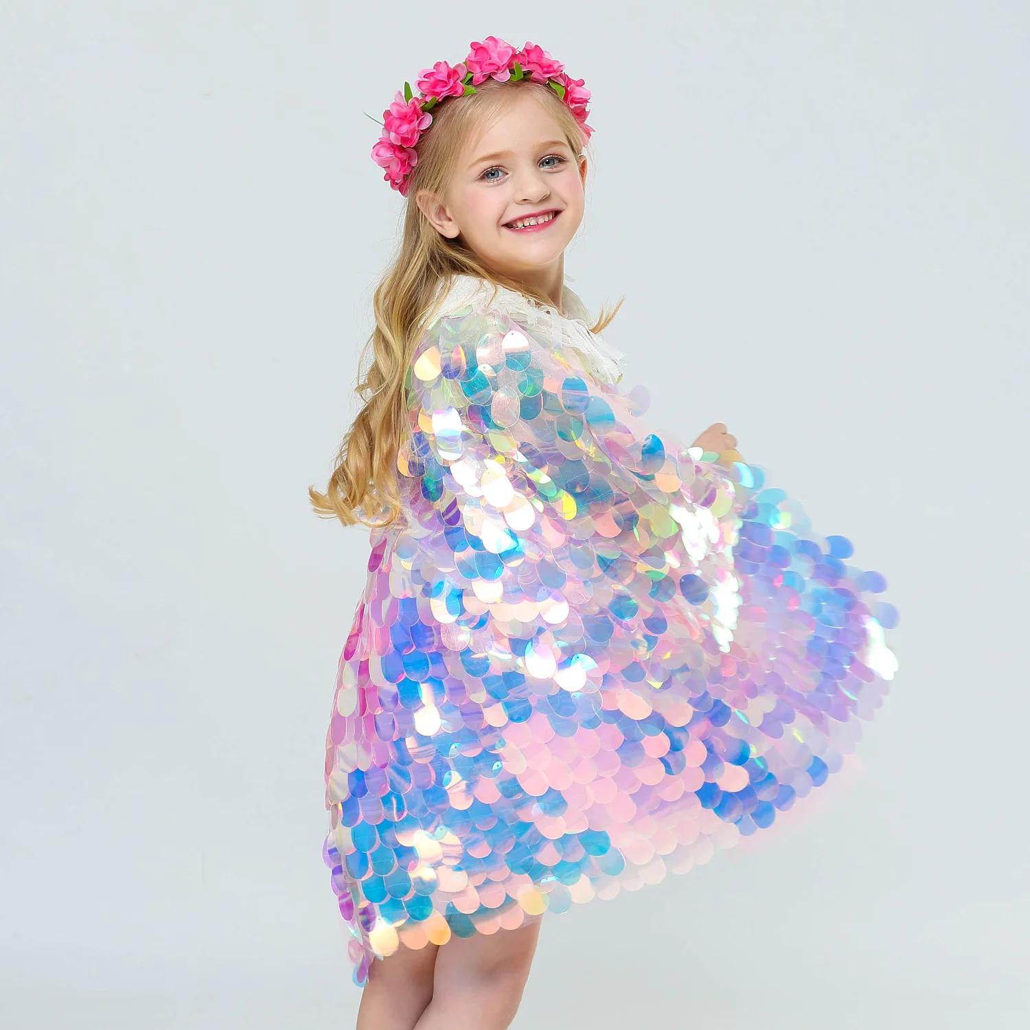 Cape à paillettes pour filles, petite sirène, vêtements de fête sur la plage, châle arc-en-ciel, Cos