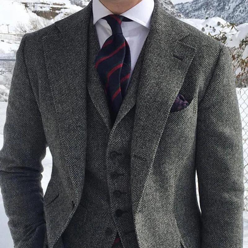 Smoking formel à chevrons pour hommes, tweed de laine grise, veste trempée, pantalon en émail, mode 