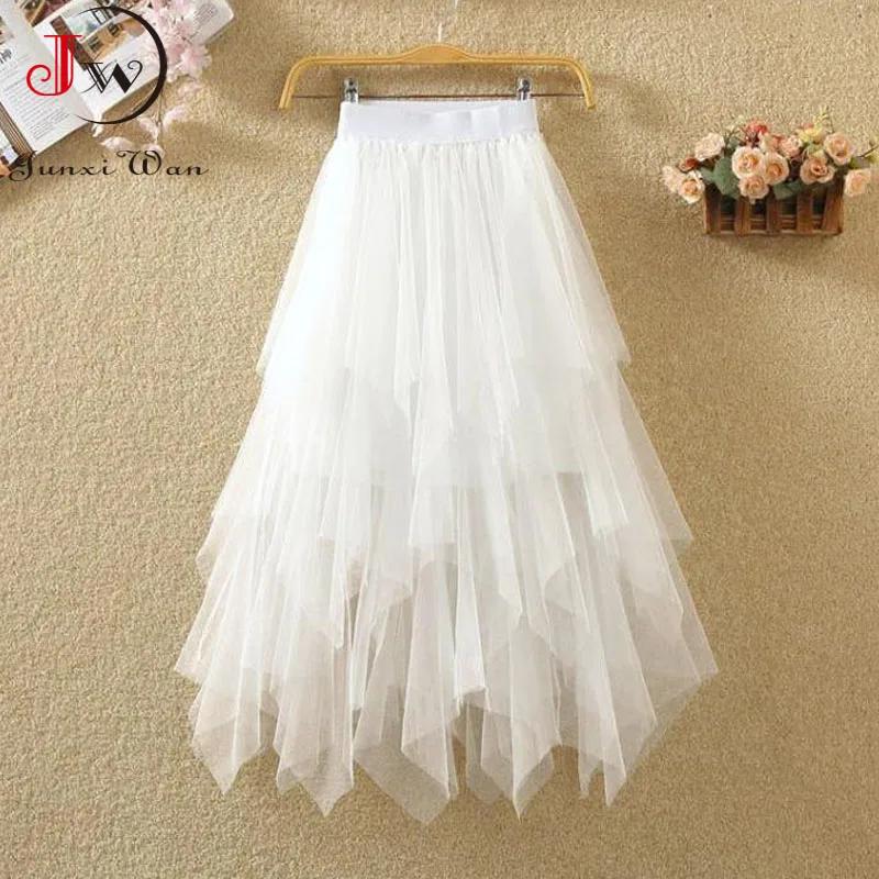 Jupes mi-longues taille haute pour femmes, jupes en tulle monochromes, maille blanche élégante et ch