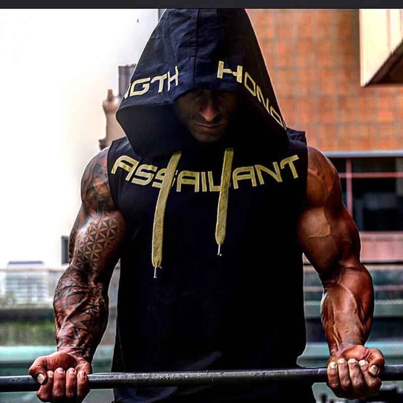 Hommes débardeurs vêtements de sport Fitness sweat à capuche sans manches gilets coton Singlets homm