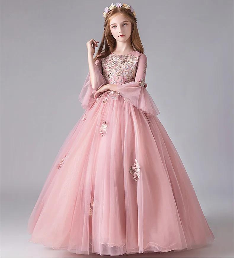 Robe de Demoiselle d'Honneur en Dentelle Rose pour Enfant, Tenue de Princesse à Manches Évasées, de 