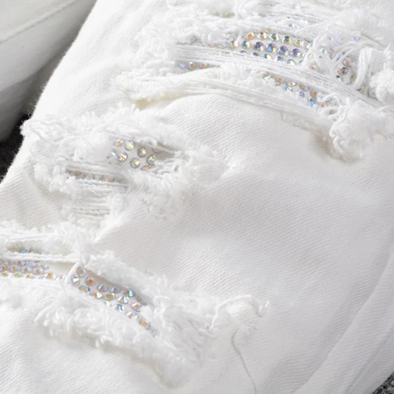 Sokotoo hommes trous de cristal blanc déchiré jean mode mince maigre strass Stretch Denim pantalon