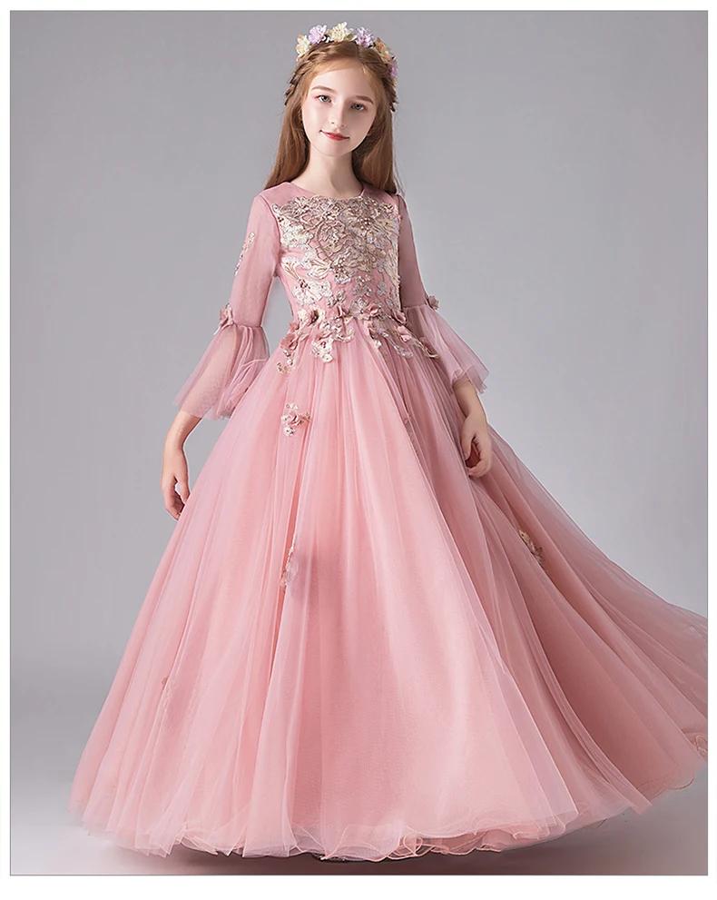 Robe de Demoiselle d'Honneur en Dentelle Rose pour Enfant, Tenue de Princesse à Manches Évasées, de 