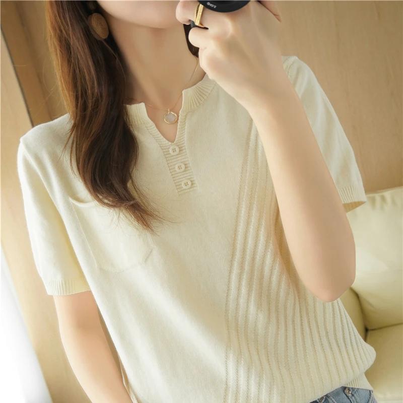 T-shirt tricoté à manches courtes et col en v pour femme, haut ample et décontracté, couleur unie, 1