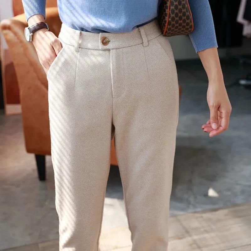 Pantalon crayon sarouel en laine pour femme, taille haute, pantalon décontracté imbibé, bureau, auto