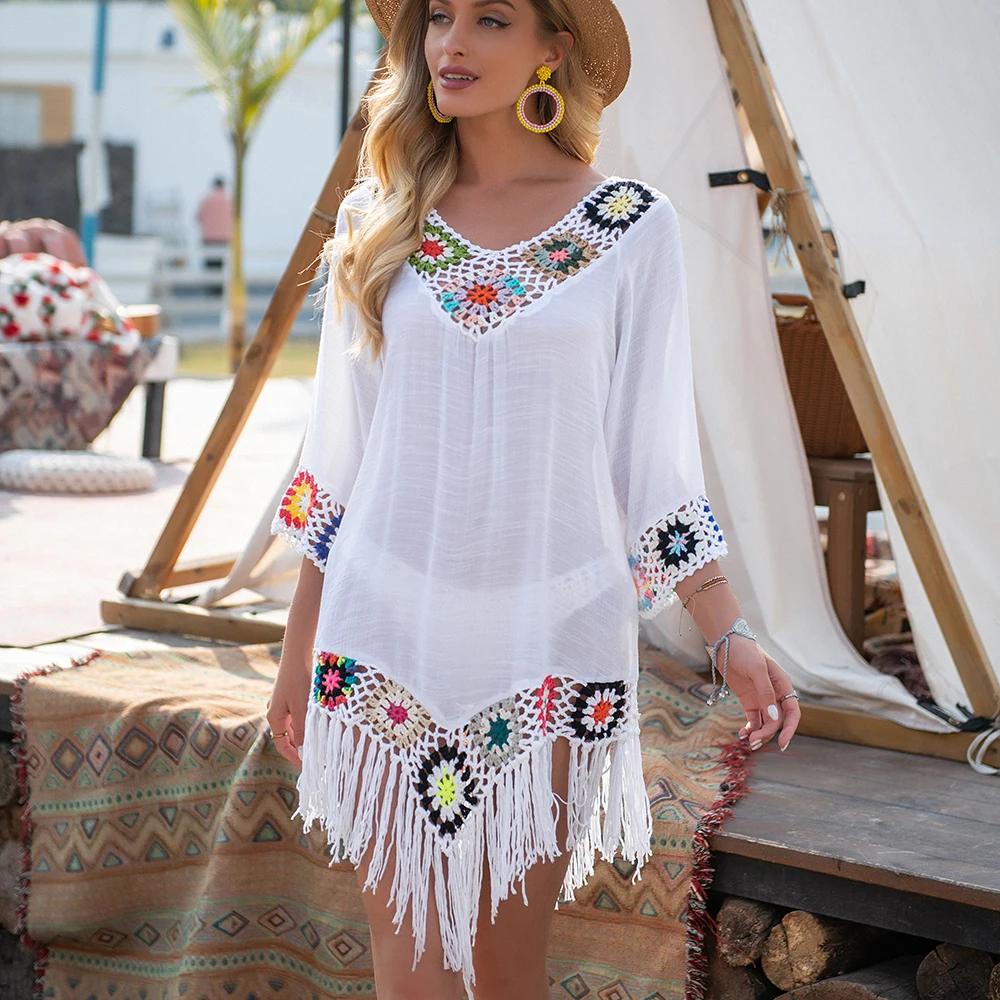 CROCHET BIKINI blanc Bikini couvrir avec frange garniture femmes Sexy creux tunique robe de plage ét