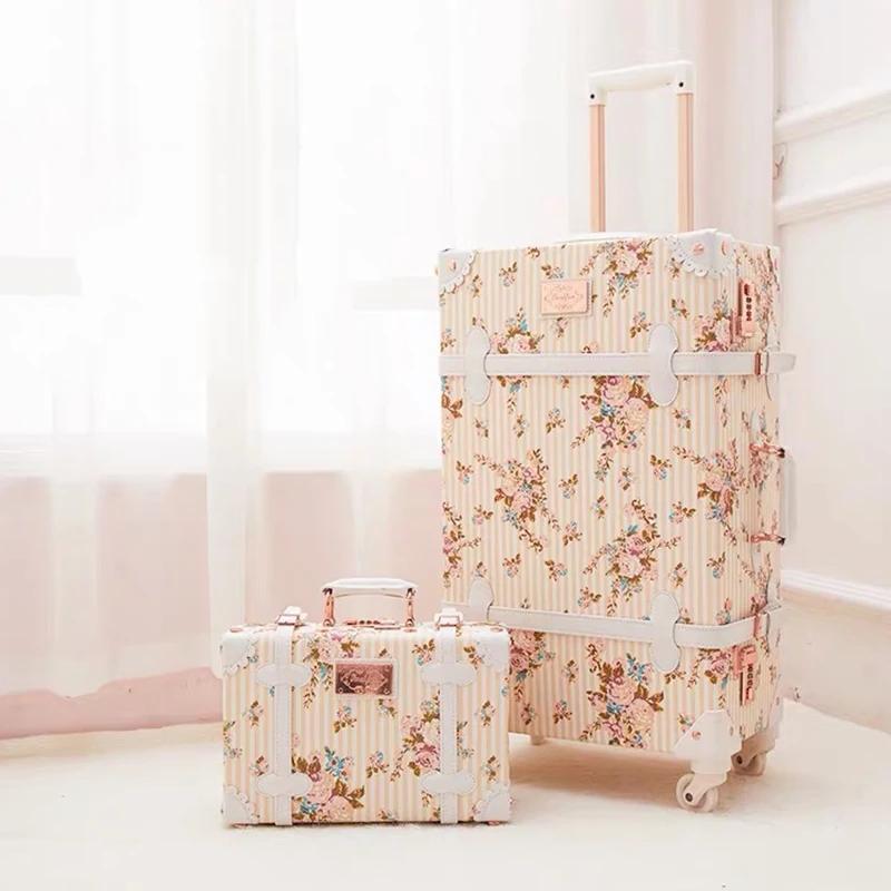 Valise de voyage Vintage pour femmes, ensemble de sac à main, chariot d'embarquement, bagages, roue 
