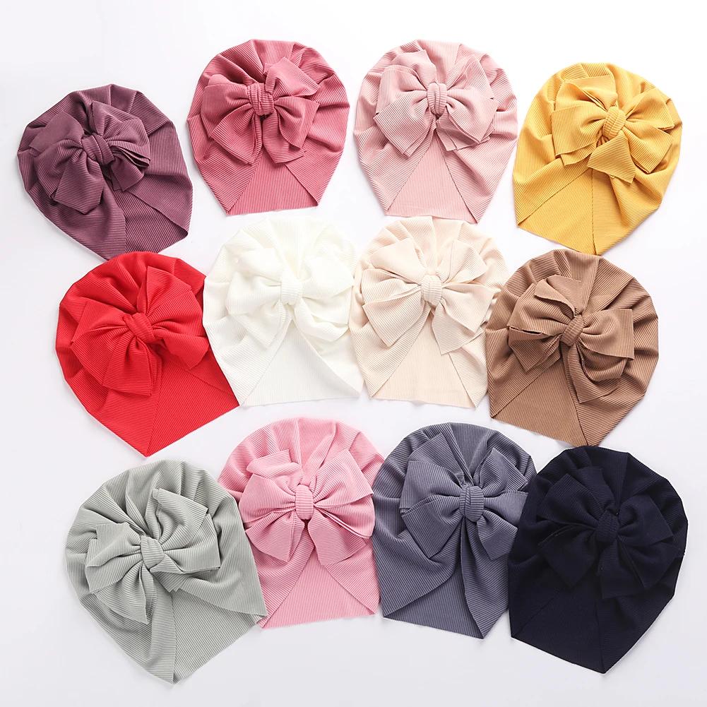 Chapeaux Turban à nœud de lapin côtelé solide pour bébés garçons et filles, bonnets rayés fins et él