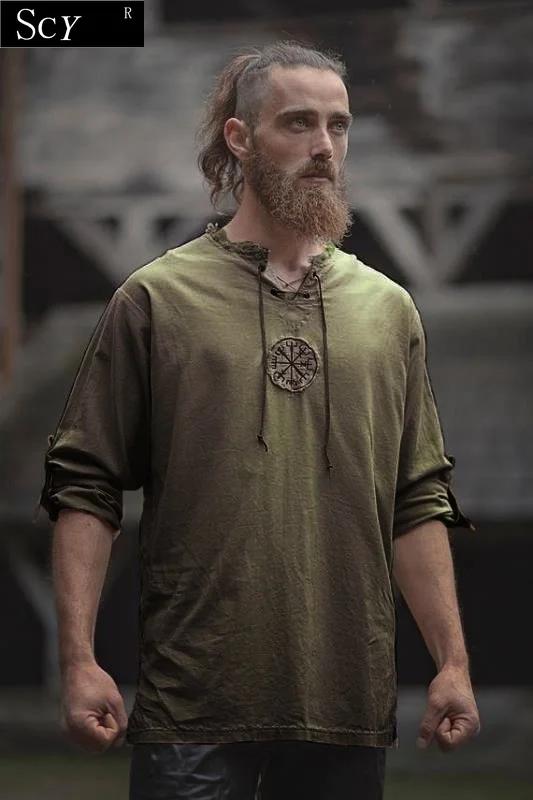 Hommes grande taille petit haut ancien Viking broderie à lacets col en V à manches longues petit hau