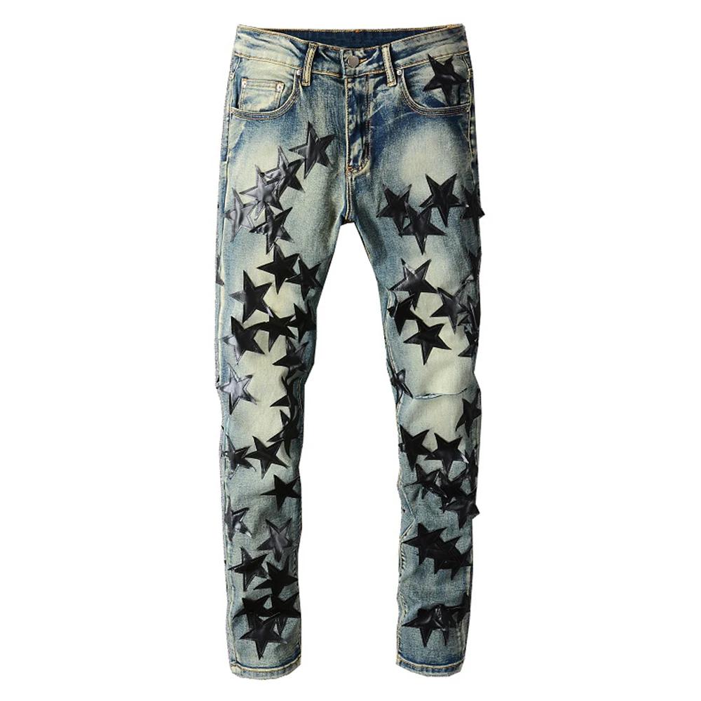 Jean Stretch déchiré en cuir pour hommes, pantalon crayon Slim, Patchwork, Denim, trous
