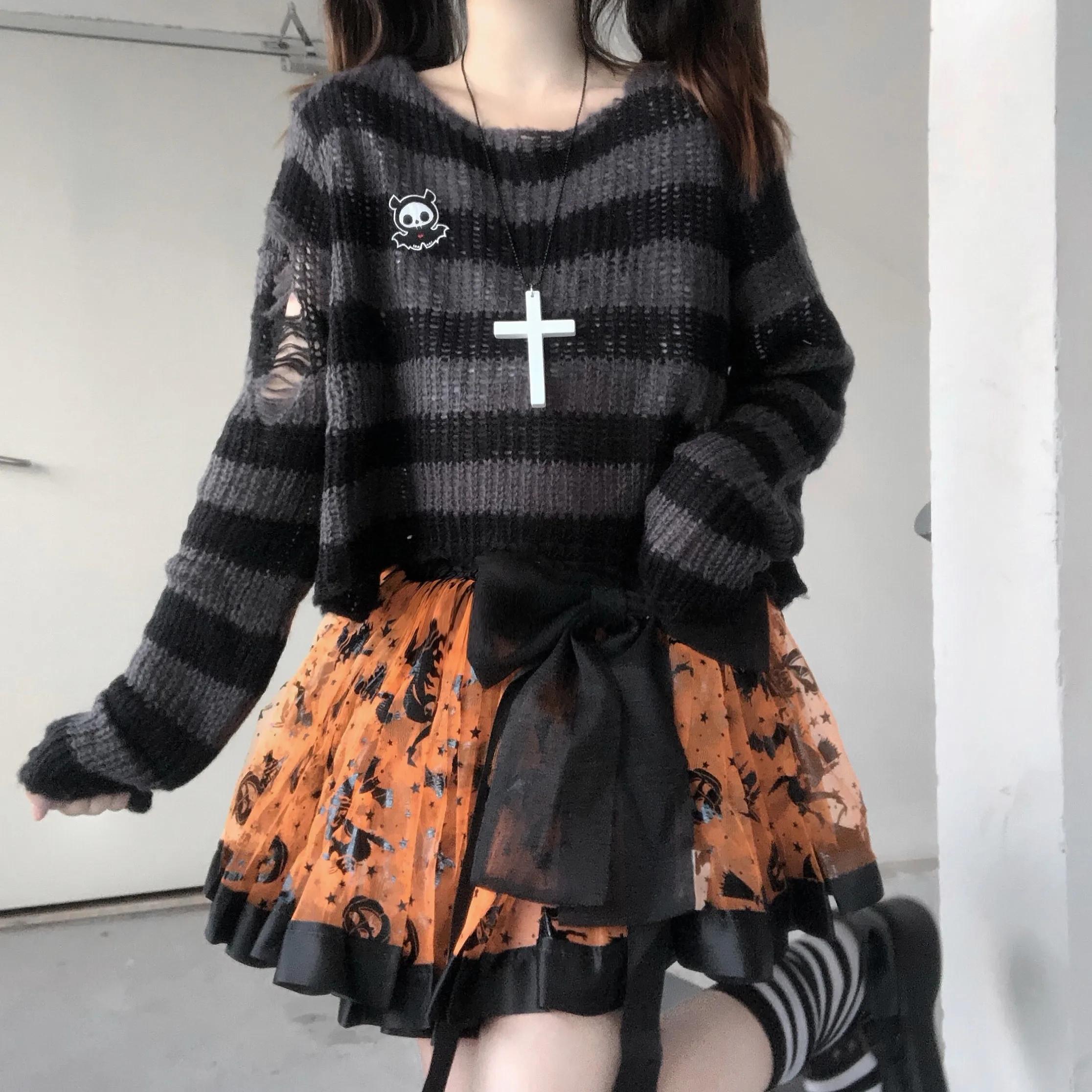 Karrram rose rayé gothique chandails femmes déchiré trous lâche tricoté pull effiloché fée Grunge pu