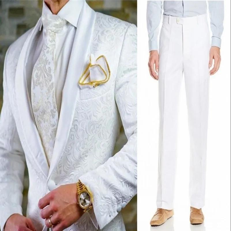 GroomTIME-Costumes 2 pièces en satin blanc pour hommes, smokings de marié, châle, revers, mariage, m